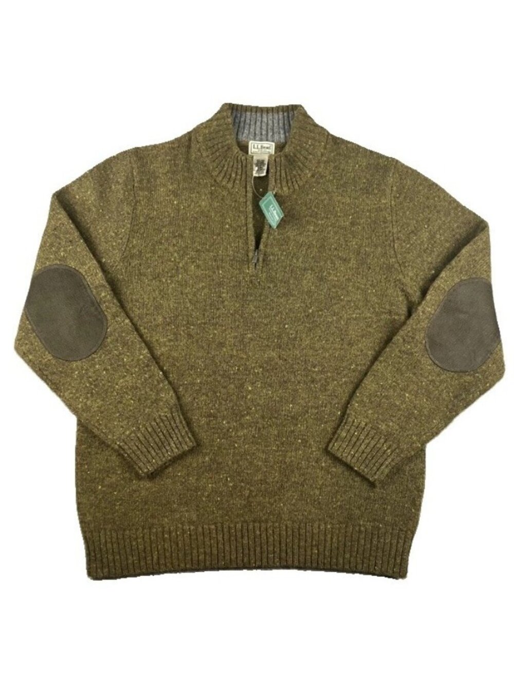 L L Bean Shetland Wool 1/4 Zip Sweater Men’s XL Green Donegal Elbow Patches NWT